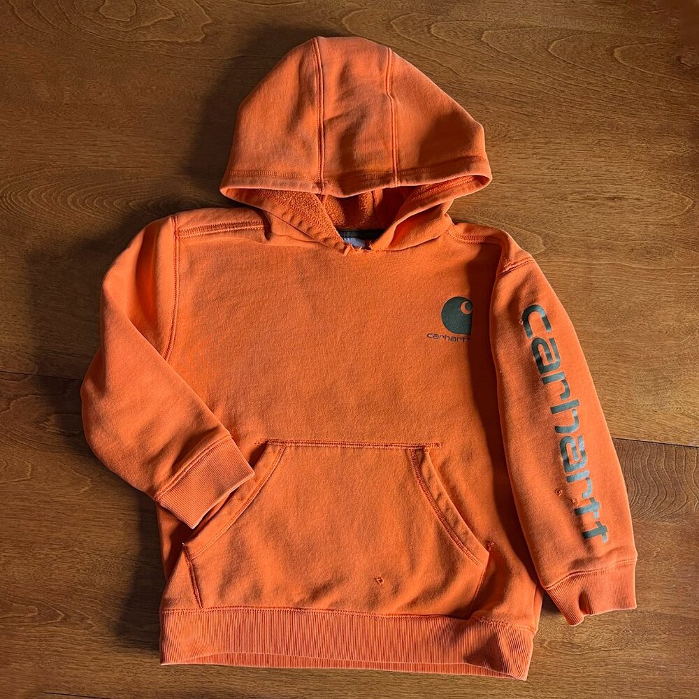 Carhartt distressed orange logo hoodie S 8-10